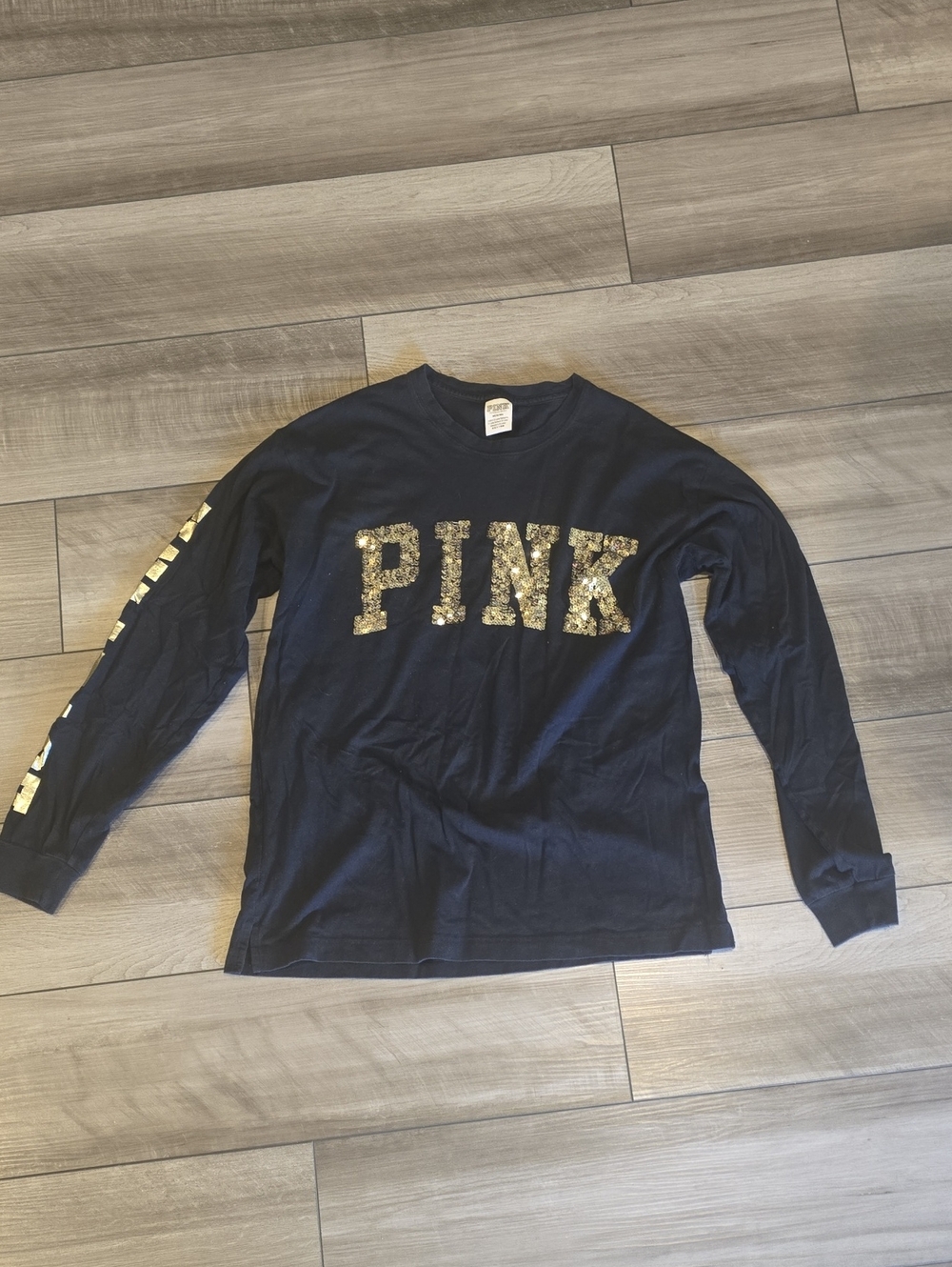 PINK Victoria's Secret Black Long-Sleeve Tee with Gold Sequin Logo